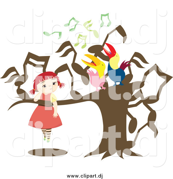 Vector Clipart of a Red Haired Girl Watching Two Singing Birds in a Music Note Tree