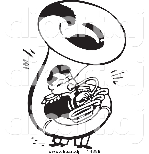 Vector Clipart of a Retro Black and White Guy Playing a Sousaphone