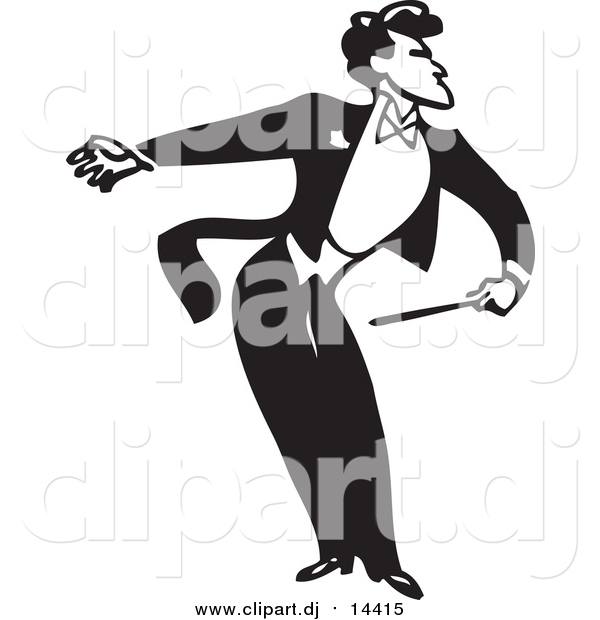 Vector Clipart of a Retro Black and White Music Conductor Facing Right, Bending and Holding an Arm Back