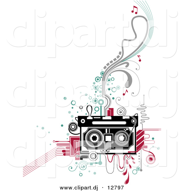 Vector Clipart of a Retro Cassette Tape Player over Abstract Designs