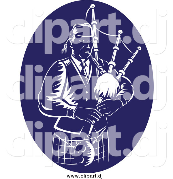 Vector Clipart of a Retro Dark Blue and White Bagpipe Player