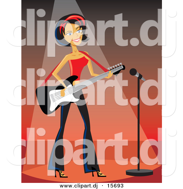 Vector Clipart of a Rocker Girl Playing Electric Guitar on Stage Under Spotlight with Microphone