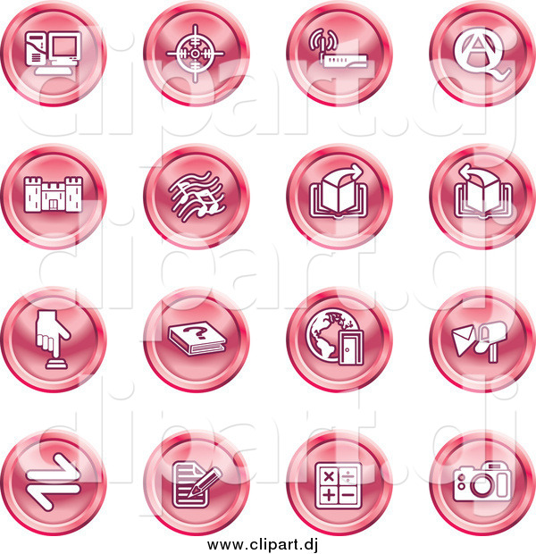 Vector Clipart of a Round Pink Computer, Viewfinder, Wireless, Questions and Answer, Castle, Music, Forward, Back, Www, Mail, Math and Camera