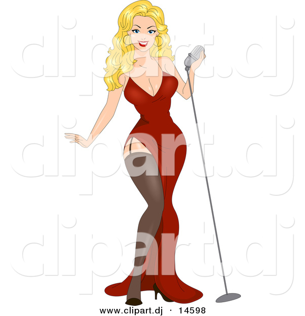Vector Clipart of a Sexy Cartoon Retro Blond Pinup Girl Standing Beside a Microphone
