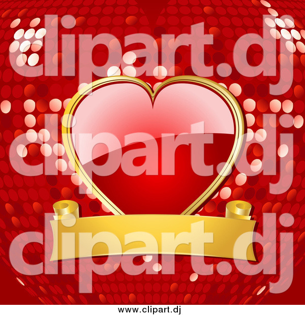 Vector Clipart of a Shiny Red Heart Attached to a Gold Banner over a Red Disco Ball Background