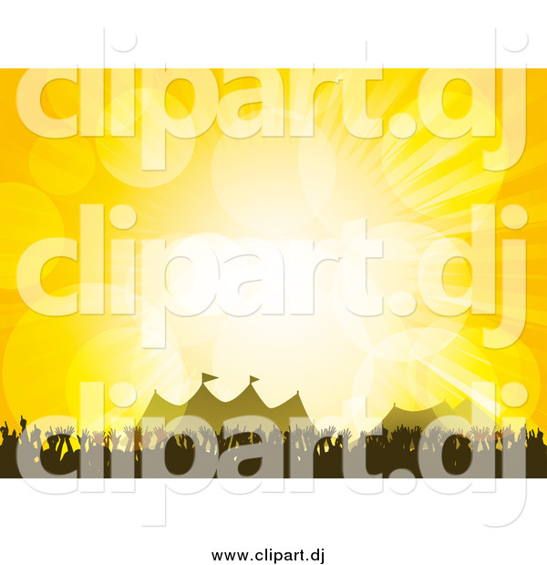 Vector Clipart of a Silhouetted Concert Crowd of Hands near Tents at a Festival, over Yellow with Flares