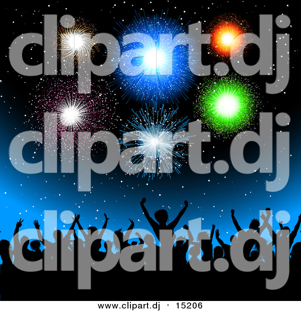 Vector Clipart of a Silhouetted Crowd Cheering Under Fireworks