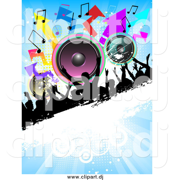 Vector Clipart of a Silhouetted Crowd on a Grunge Bar with Colorful Speakers, Arrows and Music Notes on a Blue Background