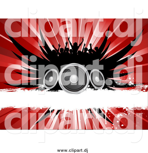 Vector Clipart of a Silhouetted Crowd over Black Wings, Speakers, a White Grunge Bar and a Red Burst