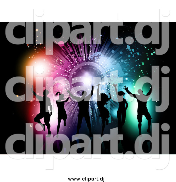 Vector Clipart of a Silhouetted Dance Group Against a Grungy Colorful Burst on Black
