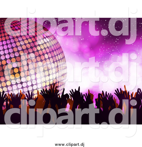Vector Clipart of a Silhouetted Dancers and a 3d Disco Ball over Purple