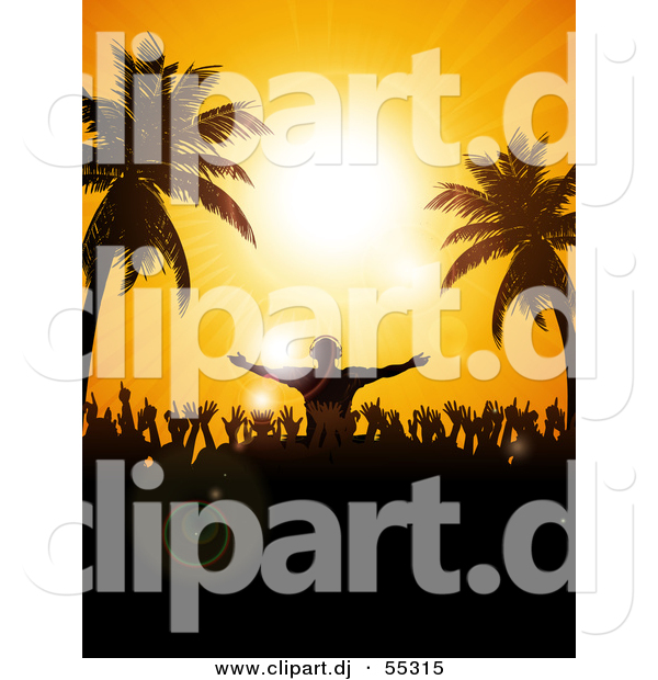 Vector Clipart of a Silhouetted Disk Jockey and Partygoers Against a Tropical Beach Sunset Sky with Palm Trees