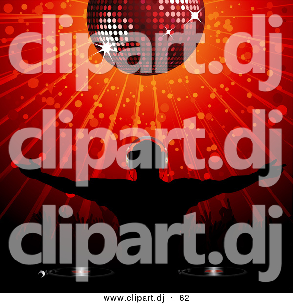 Vector Clipart of a Silhouetted Disk Jockey Standing Below a Disco Ball with Arms out over Red Background