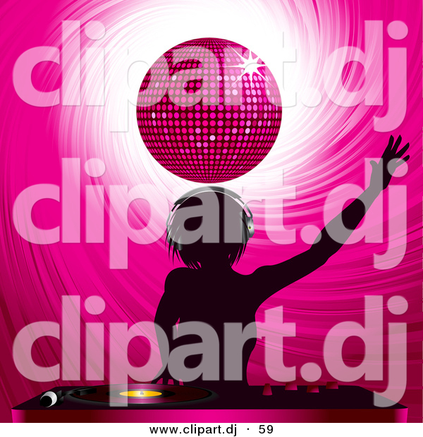Vector Clipart of a Silhouetted Dj Girl Mixing Records Under a Pink Disco Ball