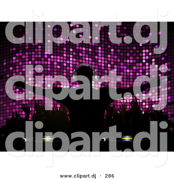 Vector Clipart of a Silhouetted Dj in Front of Purple Mosaic Background
