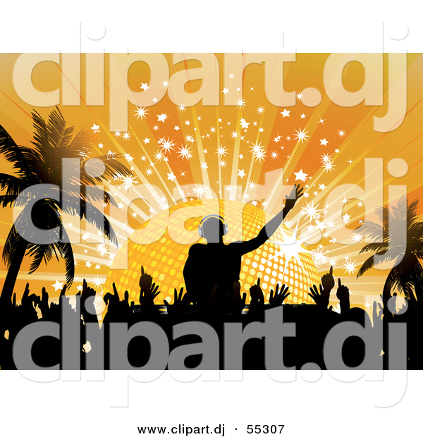 Vector Clipart of a Silhouetted DJ Mixing Music to a Crowd of People Dancing