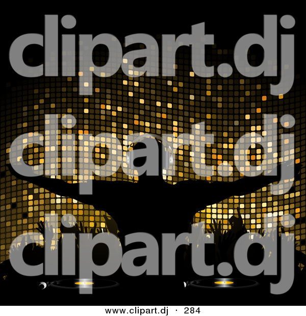 Vector Clipart of a Silhouetted Dj over Gold Mosaic Background with Party People