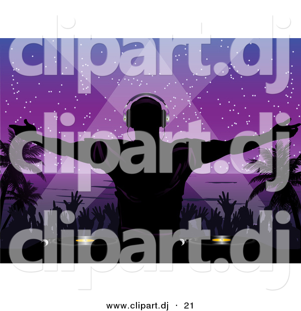 Vector Clipart of a Silhouetted Dj Playing Music at a Night Beach Party