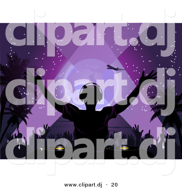 Vector Clipart of a Silhouetted Dj Playing Music at a Tropical Beach Party at Night