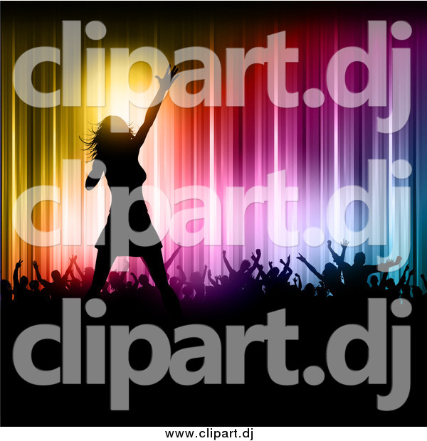 Vector Clipart of a Silhouetted Female Pop Singer on Stage with Fans Against Colorful Lights
