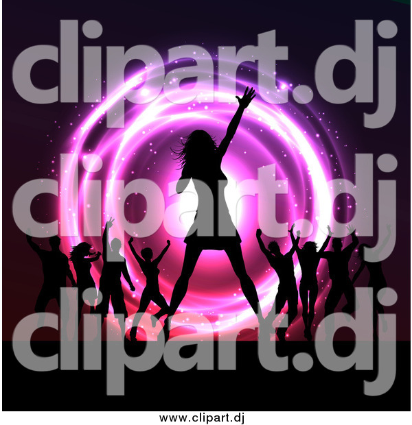 Vector Clipart of a Silhouetted Female Singer and Dancers on Stage at a Concert over Neon Lights