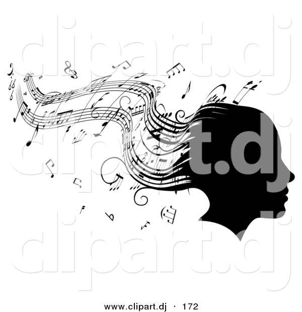 Vector Clipart of a Silhouetted Girl's Head with Music Sheet Signs Forming Her Hair