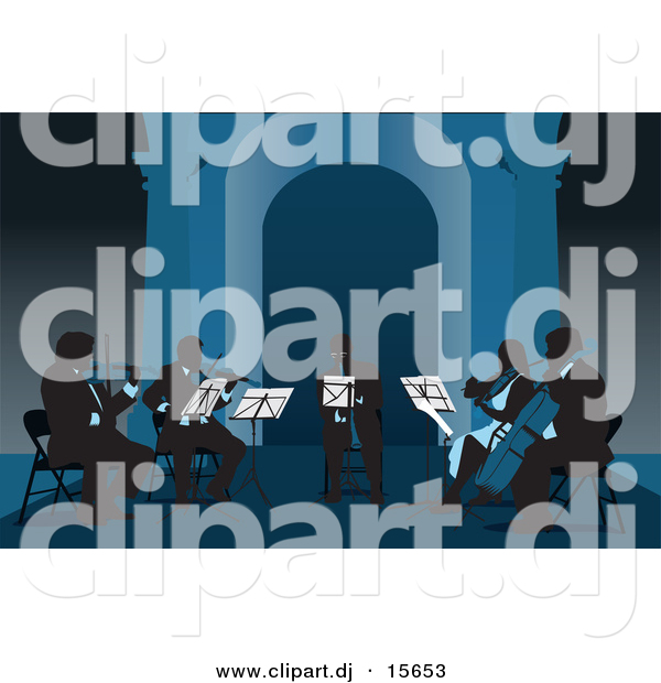 Vector Clipart of a Silhouetted Group Band of People Playing Violins Violas Cello and a Trumpet in Tones of Blues