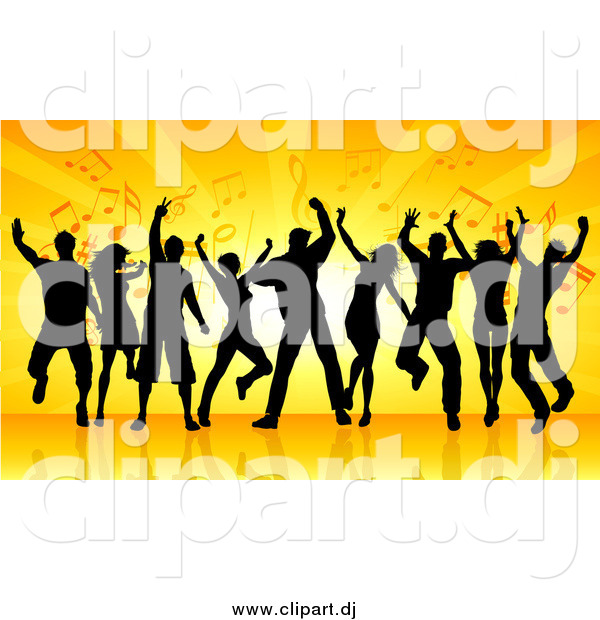 Vector Clipart of a Silhouetted Group of Dancers Against Orange Rays and Music Notes