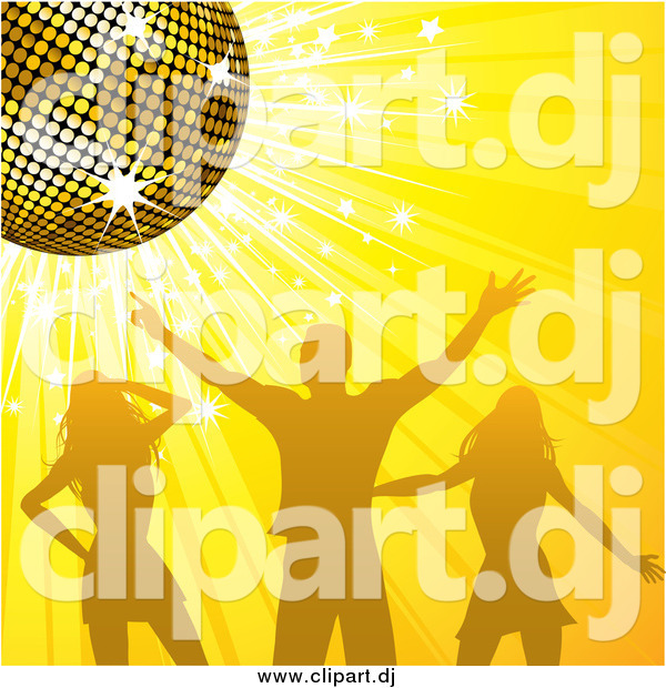 Vector Clipart of a Silhouetted Man and Two Women Dancing Under a Gold Disco Ball on a Sparkling Yellow Background