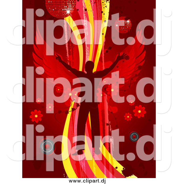 Vector Clipart of a Silhouetted Man with Wings, Dancing on a Wave over a Red Background with Splatters, Speakers, Flowers and Disco Balls