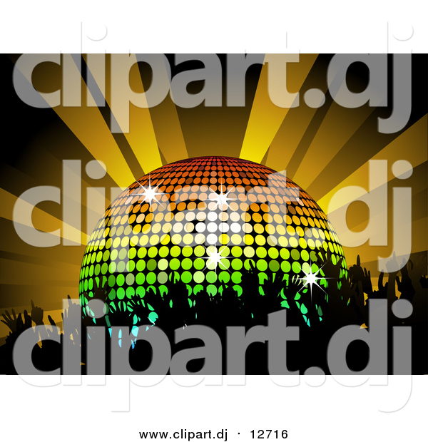 Vector Clipart of a Silhouetted Party Crowd Dancing by a Rainbow Disco Ball Under Orange Lights