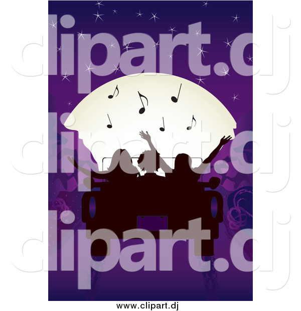 Vector Clipart of a Silhouetted People Listening to Tunes and Looking at the Moon in a Convertible Car