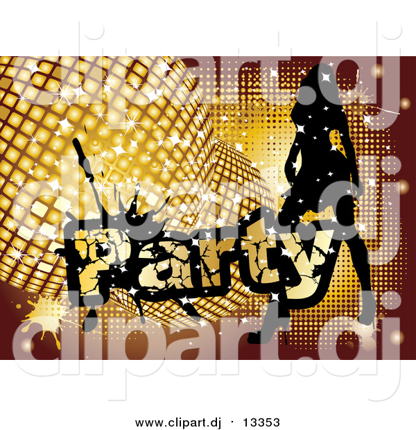 Vector Clipart of a Silhouetted Woman Dancing by Golden Disco Balls and Party Text