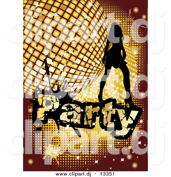 Vector Clipart of a Silhouetted Woman Dancing over a Golden Disco Party Background