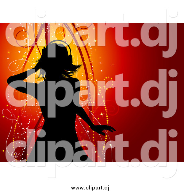 Vector Clipart of a Silhouetted Woman Wearing Headphones and Dancing over a Red Background with Sparkles and Ribbons