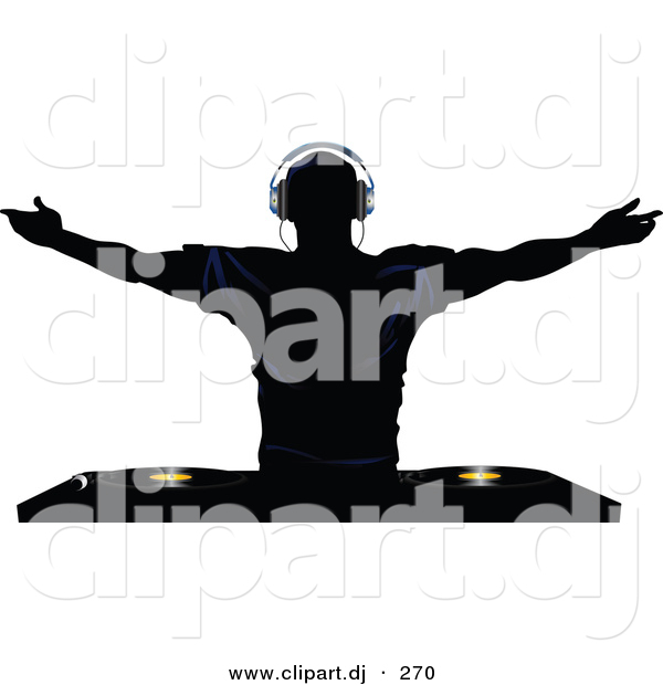 Vector Clipart of a Silhouetted Young Man Holding His Arm out Above Dual Record Mixer