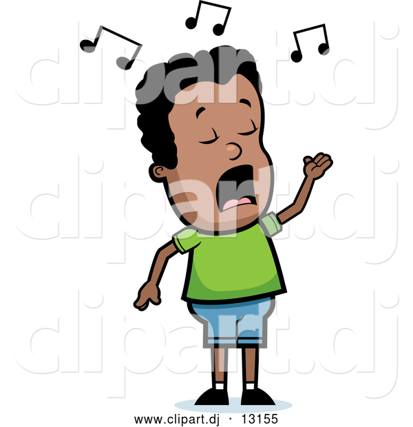 Vector Clipart of a Singing Cartoon Black Boy with Music Notes Floating Above His Head