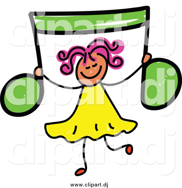 Vector Clipart of a Sketched Girl Holding up a Green Music Note