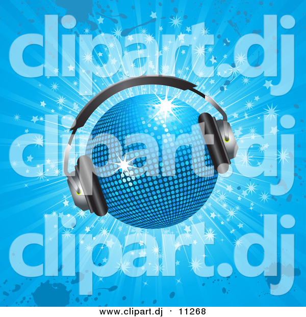 Vector Clipart of a Sparkling 3d Blue Disco Ball Wearing Headphones, over a Sparkling Blue Grunge Background