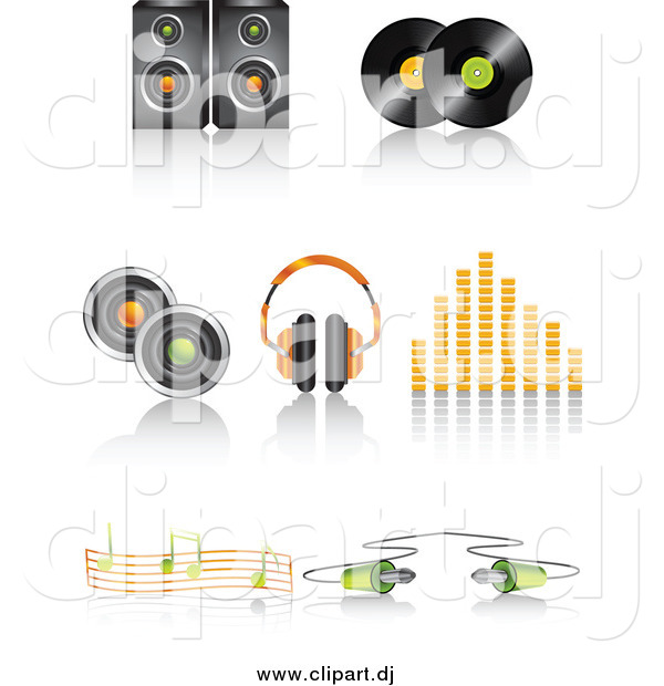 Vector Clipart of a Speaker, Vinyl Record Discs, Headphones, Volume Equalizer, Music Notes and Cable Icons with Shadows