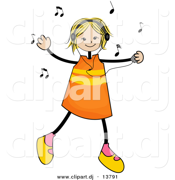 Vector Clipart of a Stick Girl Listening to Music and Dancing