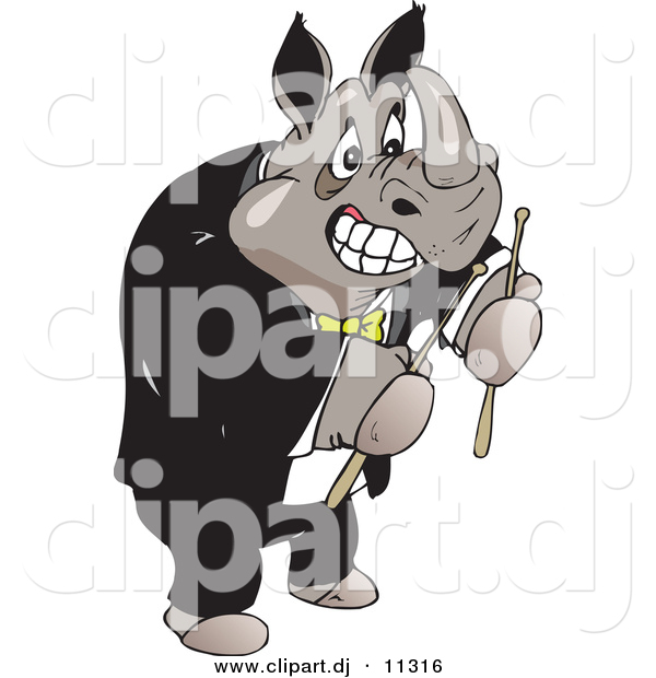 Vector Clipart of a Strong Cartoon Rhino Wearing a Tuxedo While Holding Drumsticks