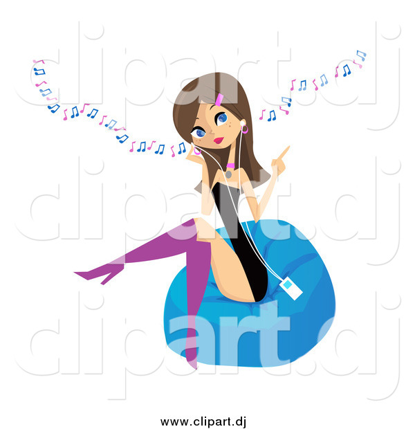 Vector Clipart of a Stylish Brunette Teenager Sitting on a Bean Bag and Listening to Music Through an Mp3 Player