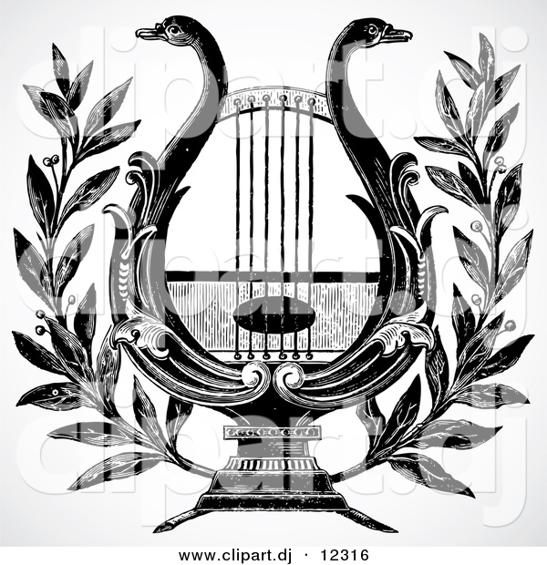 Vector Clipart of a Swan Lyre or Harp - Black and White Vintage Design