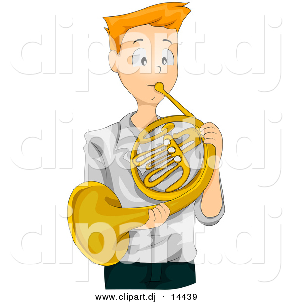 Vector Clipart of a Teen Cartoon Boy Playing Gold French Horn Instrument
