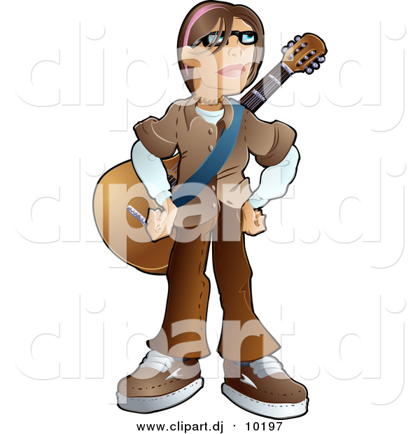 Vector Clipart of a Teenage Caucasian Emo Boy Standing with a Guitar Strapped Around His Chest