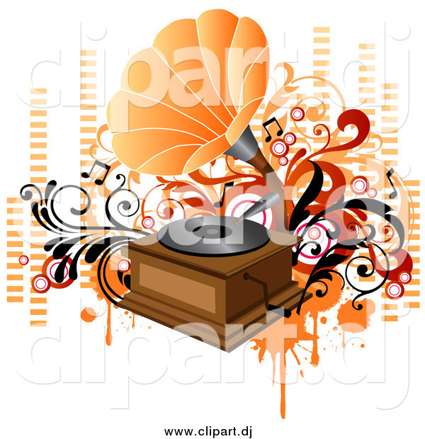 Vector Clipart of a Vintage Phonograph Playing Music, with Orange and Red Vines, Circles and Equalizer Bars