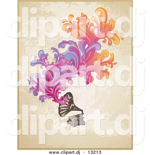 Vector Clipart of a Vintage Phonograph with Colorful Swirling Floral Designs over Grunge Beige Background