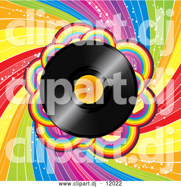 Vector Clipart of a Vinyl Record over a Spiraling Rainbow BackgroundVinyl Record over a Spiraling Rainbow Background