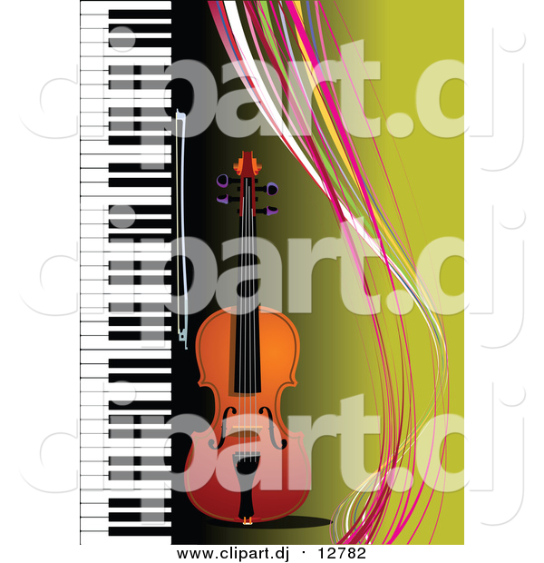 Vector Clipart of a Violin and a Piano on Green with Colorful Waves